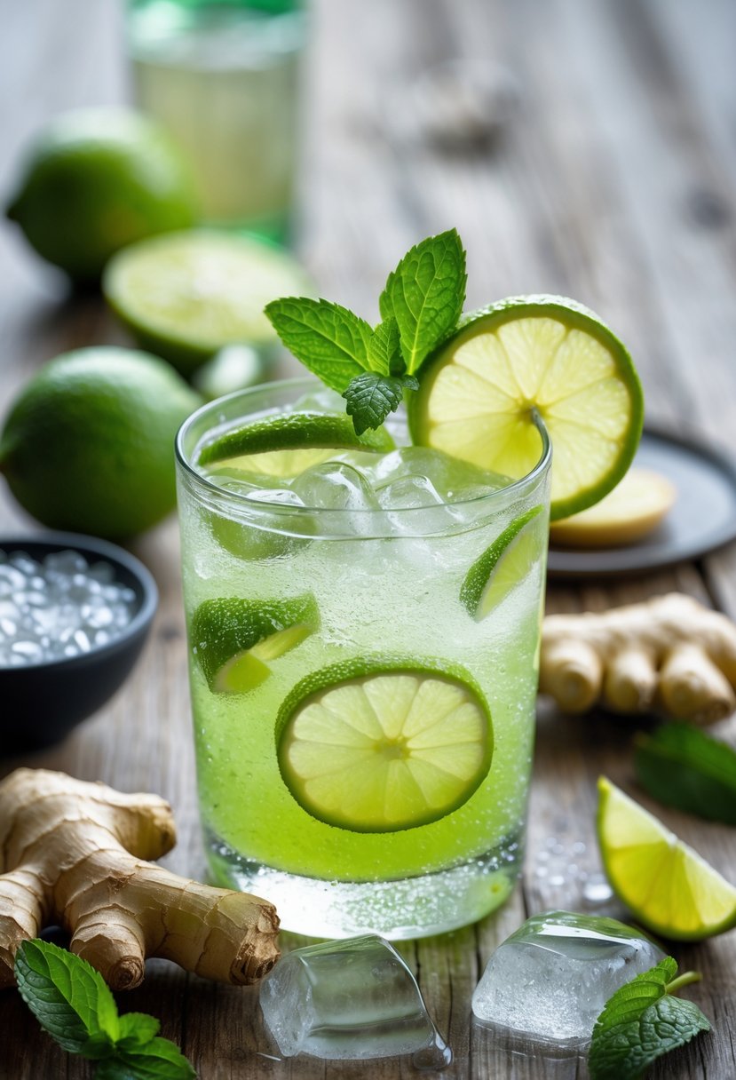 A glass of Ginger Lime Spritz cocktail garnished with lime slices, ginger, and mint on a wooden table with fresh limes and ginger root nearby.