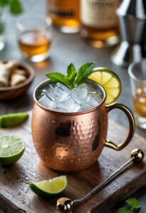 A copper mug filled with a Ginger Mule cocktail garnished with lime and mint on a wooden table with ginger slices and lime wedges nearby.