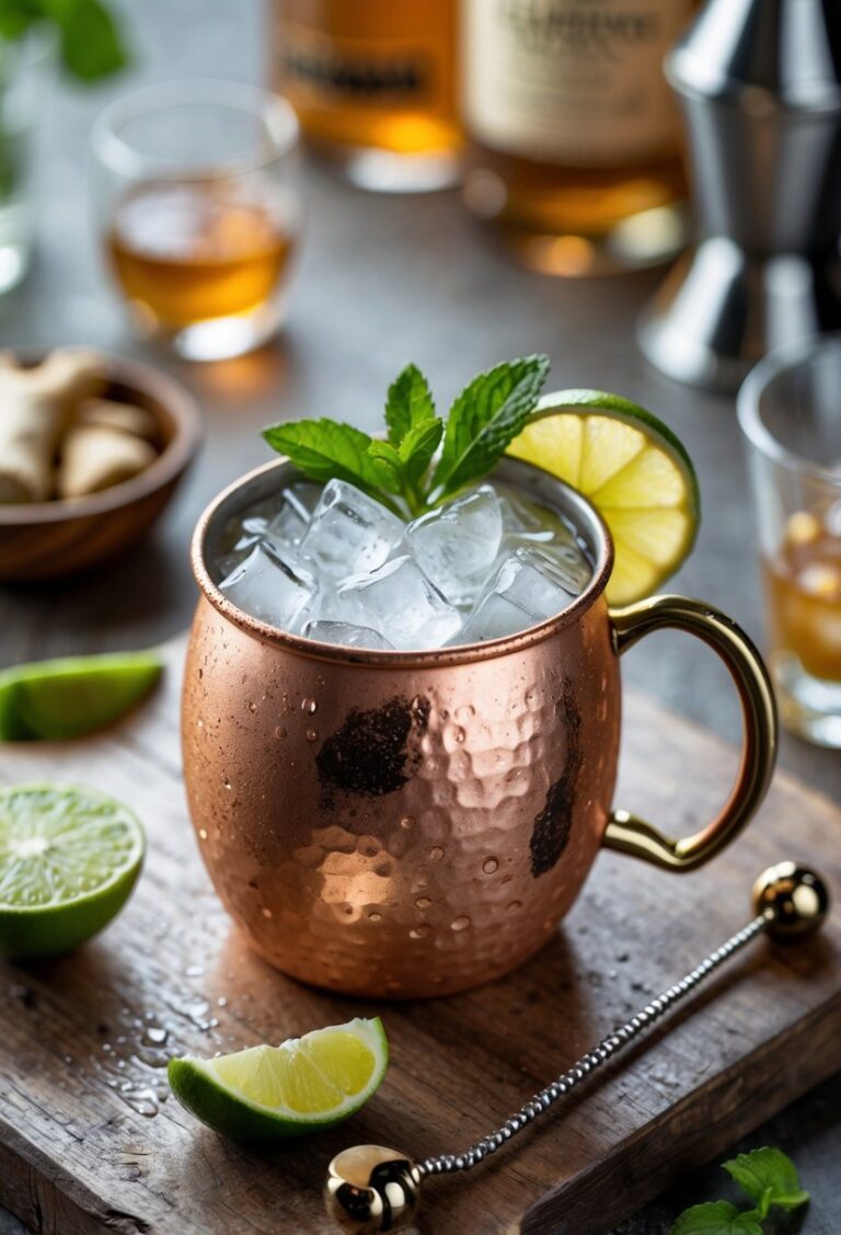 A copper mug filled with a Ginger Mule cocktail garnished with lime and mint on a wooden table with ginger slices and lime wedges nearby.