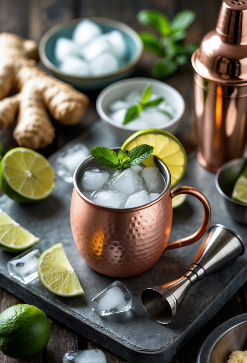 Ingredients and tools for making a Ginger Mule cocktail arranged on a wooden table, including fresh ginger, lime wedges, a copper mug with the drink, ice cubes, and a bottle of ginger beer.
