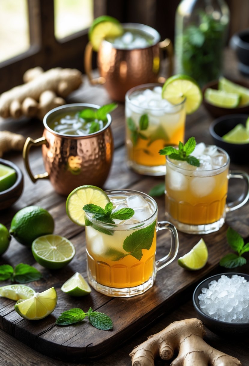 Several glasses of Ginger Mule cocktails with lime, mint, and ginger on a wooden table surrounded by fresh ingredients.