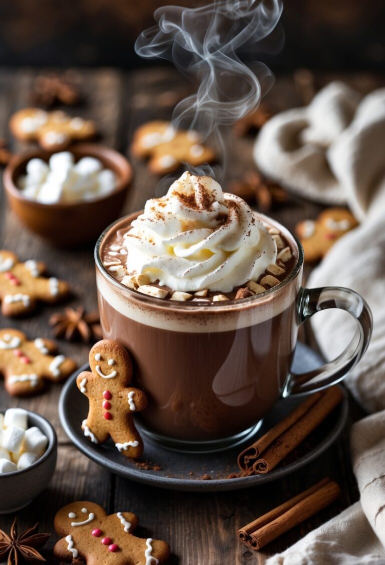 A steaming mug of gingerbread hot cocoa topped with whipped cream and a gingerbread cookie, surrounded by cookies and cinnamon sticks on a wooden table.