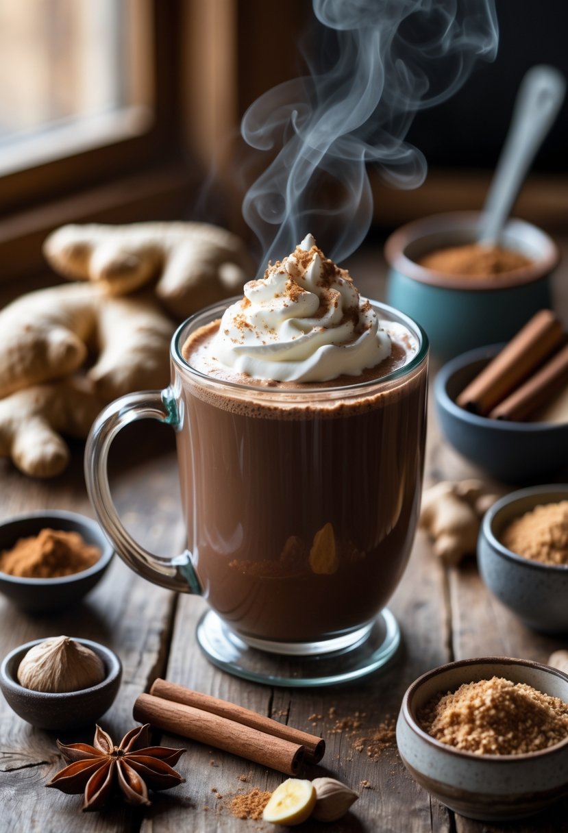 A glass mug of steaming hot cocoa topped with whipped cream surrounded by ginger, cinnamon sticks, star anise, nutmeg, brown sugar, and molasses on a wooden table.