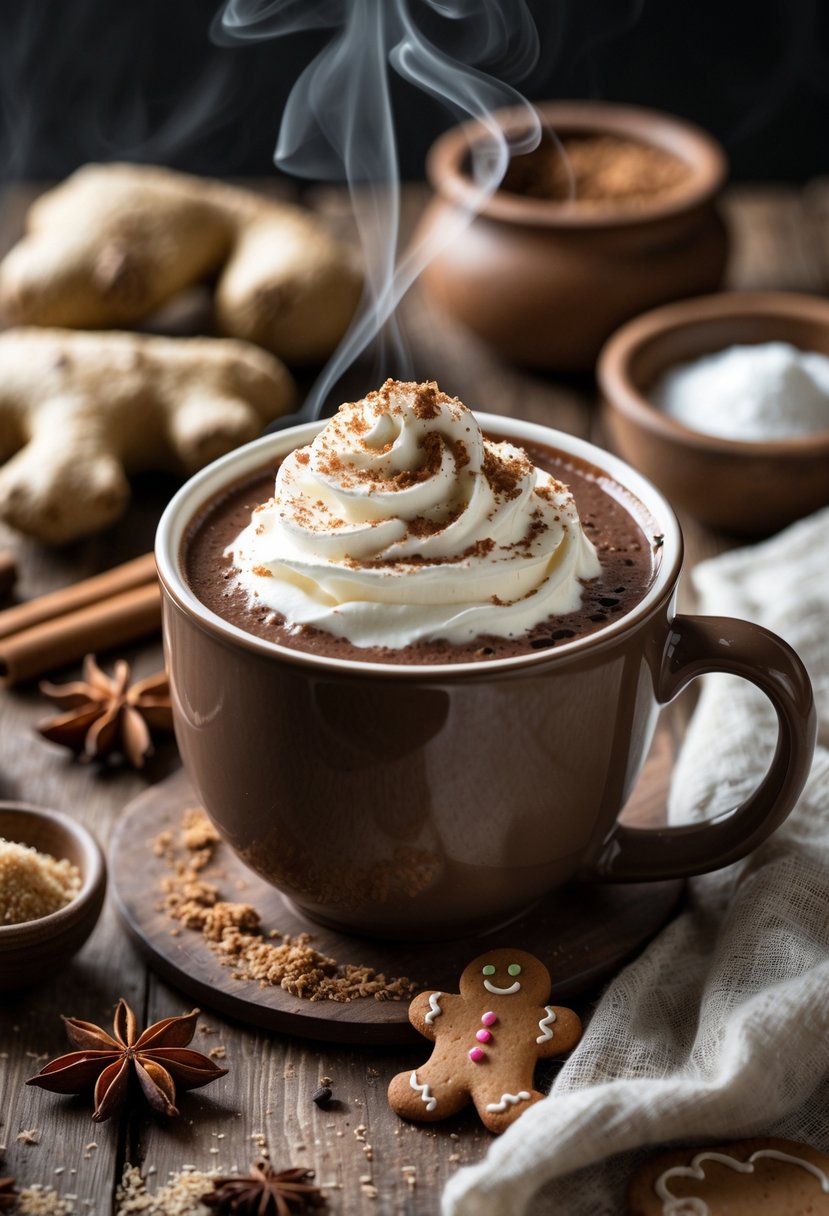 A steaming cup of gingerbread hot cocoa with whipped cream and spices on a wooden table surrounded by ginger, cinnamon sticks, and gingerbread cookies.