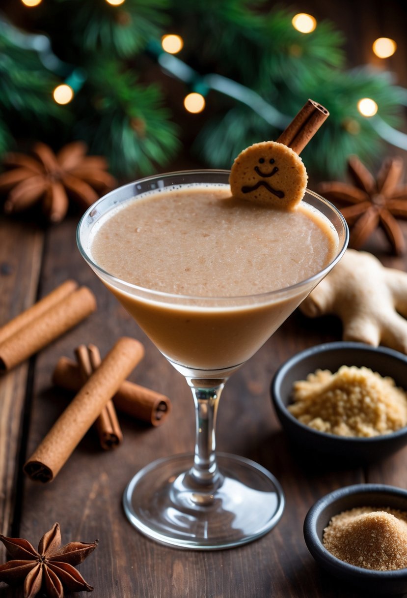 A gingerbread martini cocktail with cinnamon stick and gingerbread cookie garnish on a wooden table surrounded by cinnamon sticks, star anise, ginger root, nutmeg, and brown sugar.
