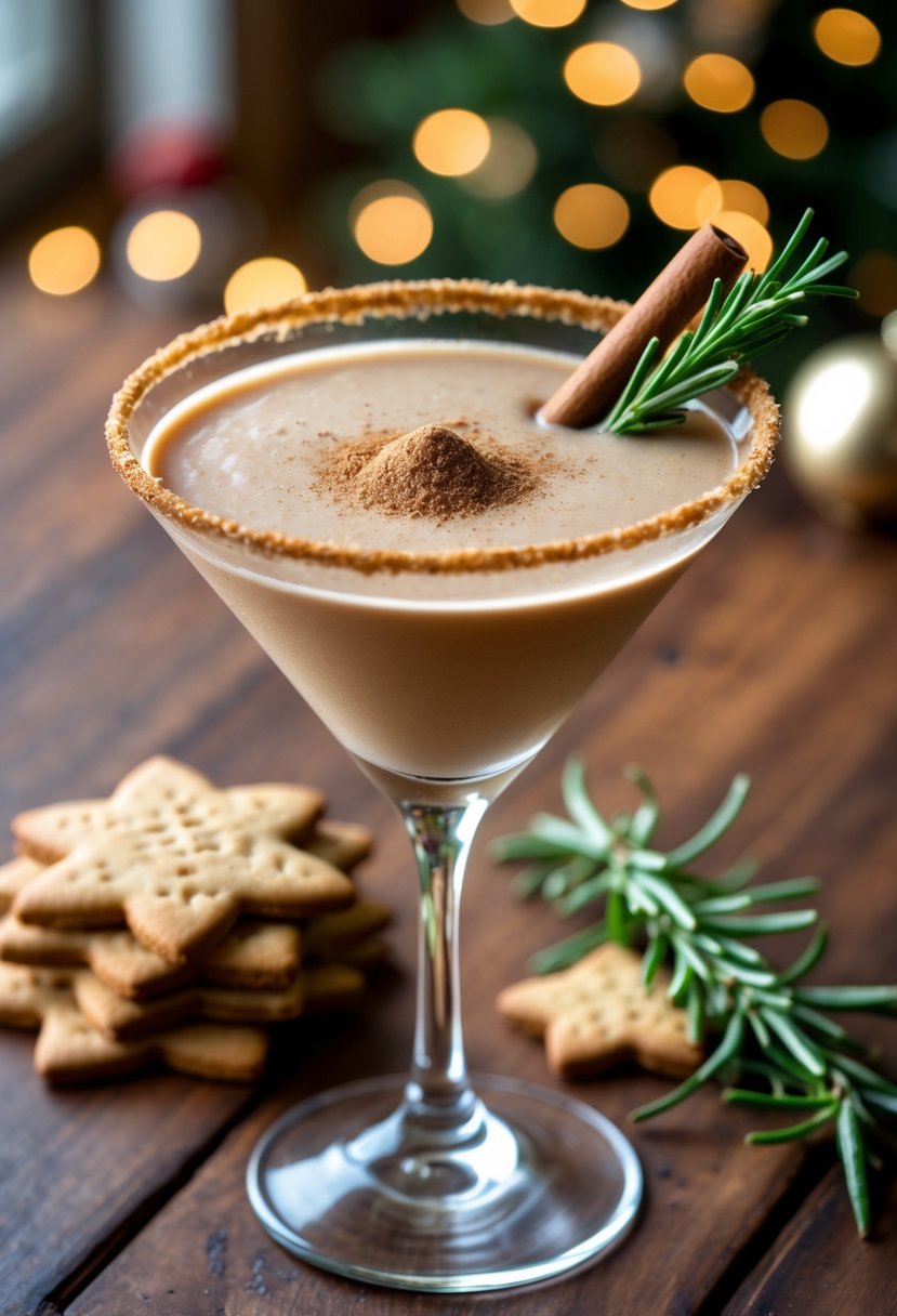 A gingerbread martini in a glass garnished with a cinnamon stick and crushed cookie rim, with gingerbread cookies and a rosemary sprig on a wooden table.