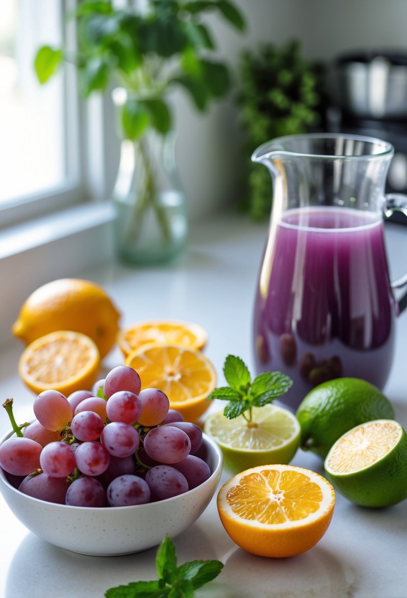 A kitchen countertop with fresh grapes, halved citrus fruits, a pitcher of grape juice, and mint sprigs arranged together.