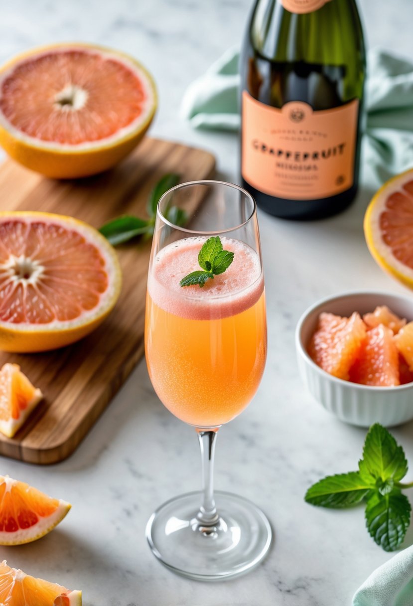 A glass of grapefruit mimosa being poured next to fresh grapefruit slices and a bottle of sparkling wine on a kitchen countertop.