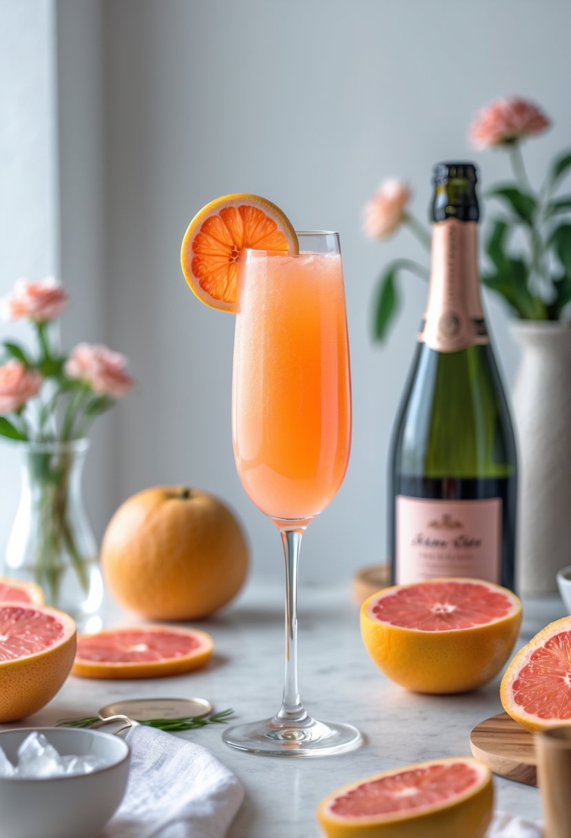 A glass of grapefruit mimosa on a brunch table with fresh grapefruits, a bottle of sparkling wine, and a small vase of flowers.