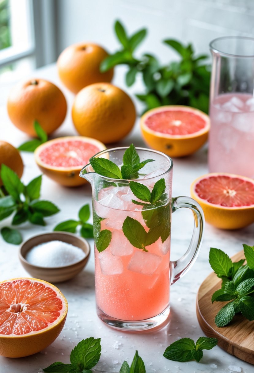 Fresh grapefruits, mint leaves, a glass pitcher of pink grapefruit cooler with ice and mint, on a kitchen countertop with a cutting board and knife.