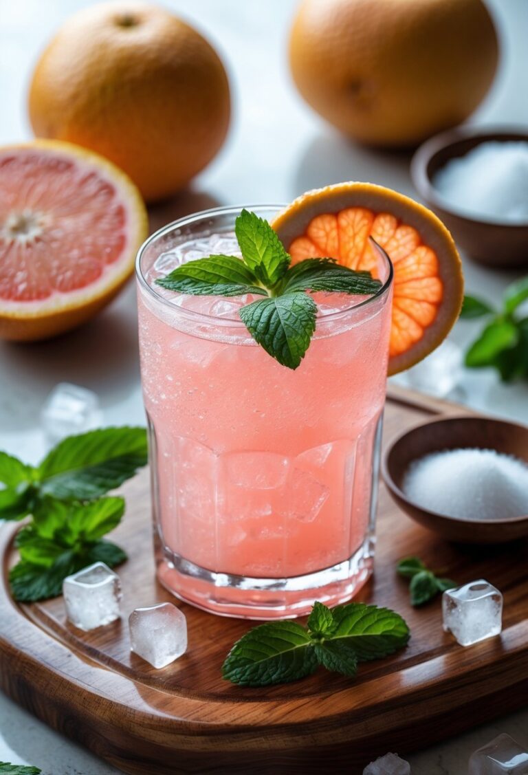 A glass of grapefruit mint cooler garnished with mint leaves and a grapefruit slice on a wooden board with fresh grapefruits and mint in the background.