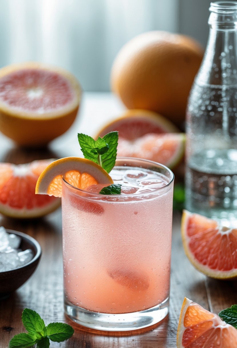 A glass of grapefruit spritz cocktail garnished with grapefruit slice and mint on a wooden table surrounded by fresh grapefruits and ice.