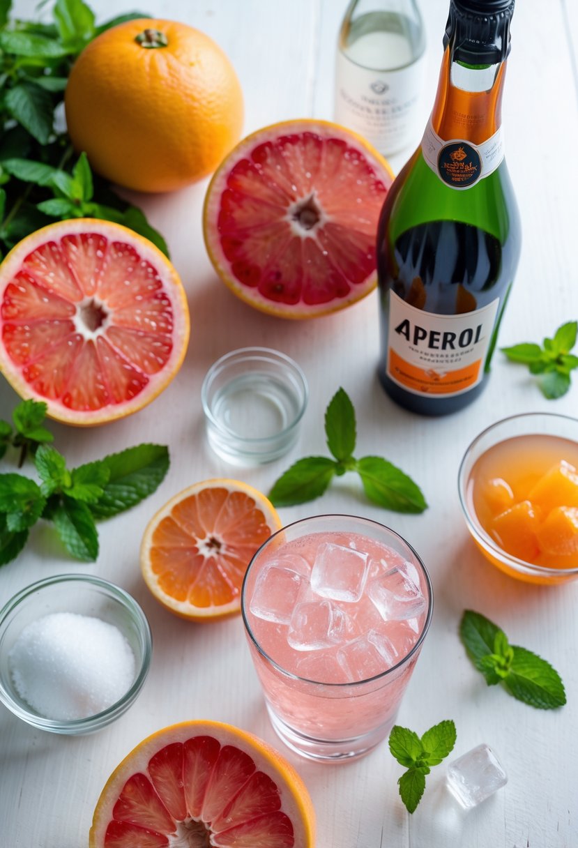 Fresh grapefruits, sparkling wine, Aperol, mint leaves, ice cubes, and a small bowl of sugar arranged on a wooden surface for making a grapefruit spritz.