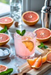 A glass of grapefruit spritz cocktail garnished with grapefruit slice and mint on a kitchen counter with fresh grapefruit, ice, and cocktail-making tools nearby.