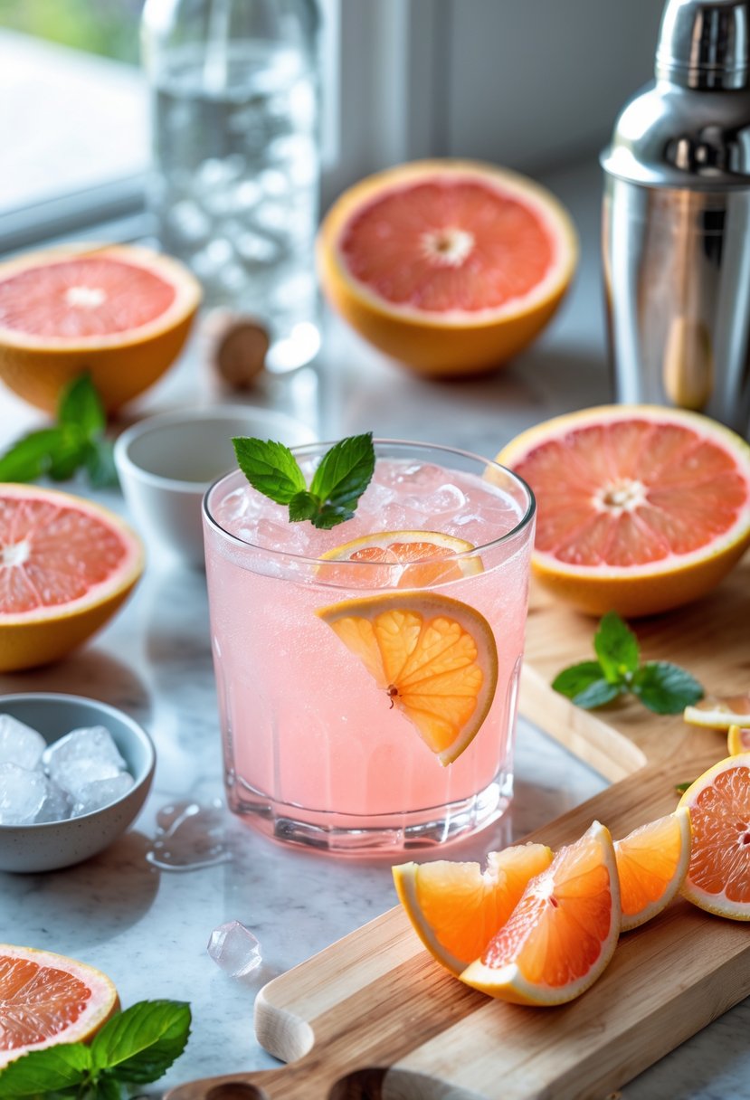 A glass of grapefruit spritz cocktail garnished with grapefruit slice and mint on a kitchen counter with fresh grapefruit, ice, and cocktail-making tools nearby.