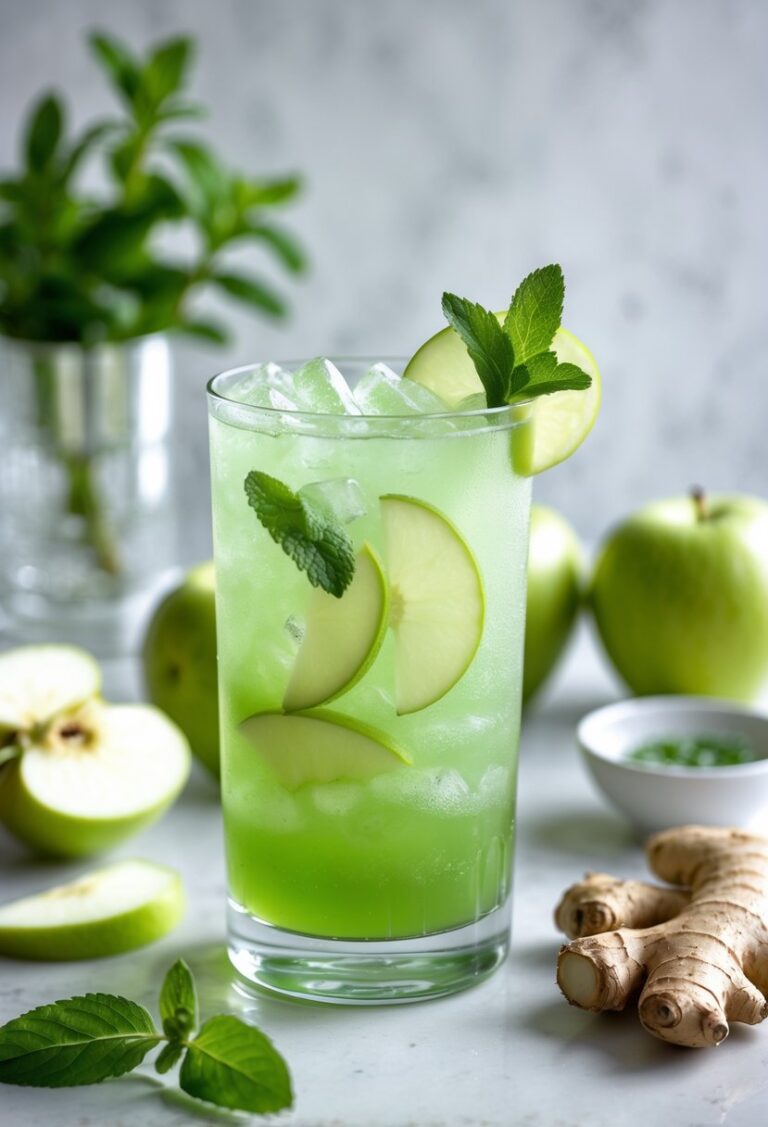 A glass of green apple ginger fizz cocktail with ice, garnished with apple slices and mint, surrounded by fresh green apples and ginger on a kitchen countertop.
