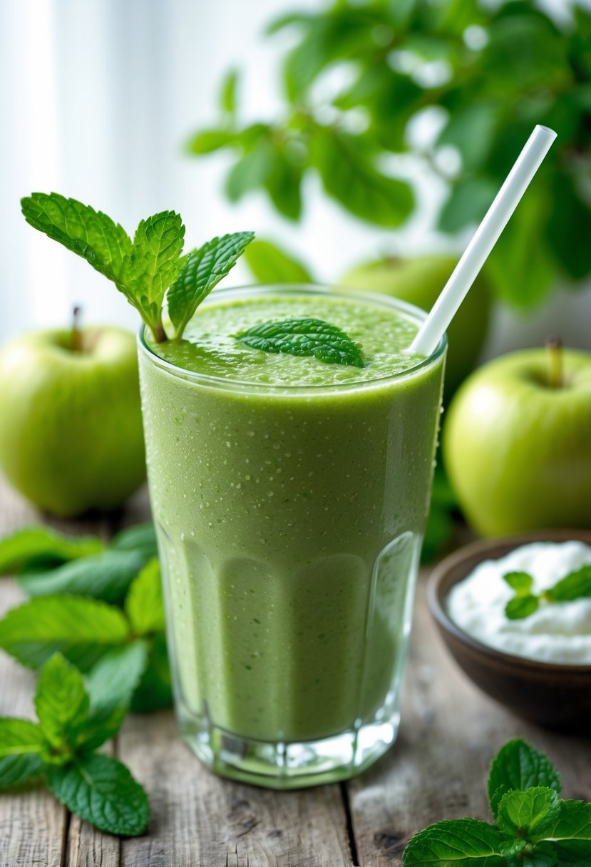 A green apple mint smoothie in a glass surrounded by fresh green apples and mint leaves on a wooden table.