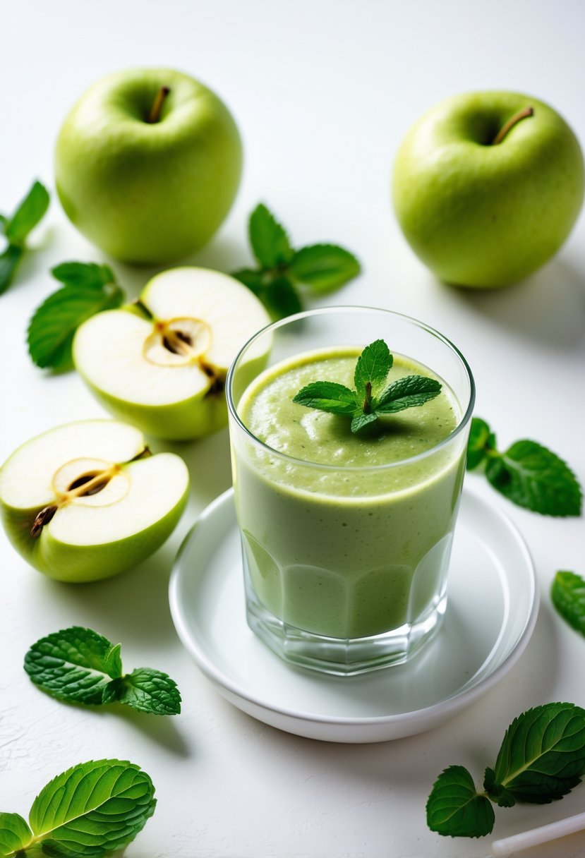 A glass of green apple mint smoothie surrounded by fresh green apples and mint leaves on a white surface.