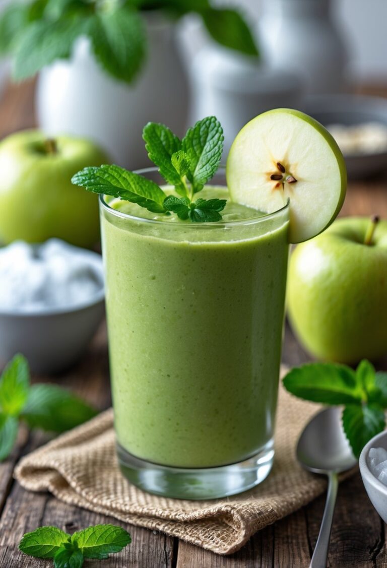 A glass of green apple mint smoothie garnished with mint leaves and apple slice on a wooden table surrounded by green apples and mint sprigs.