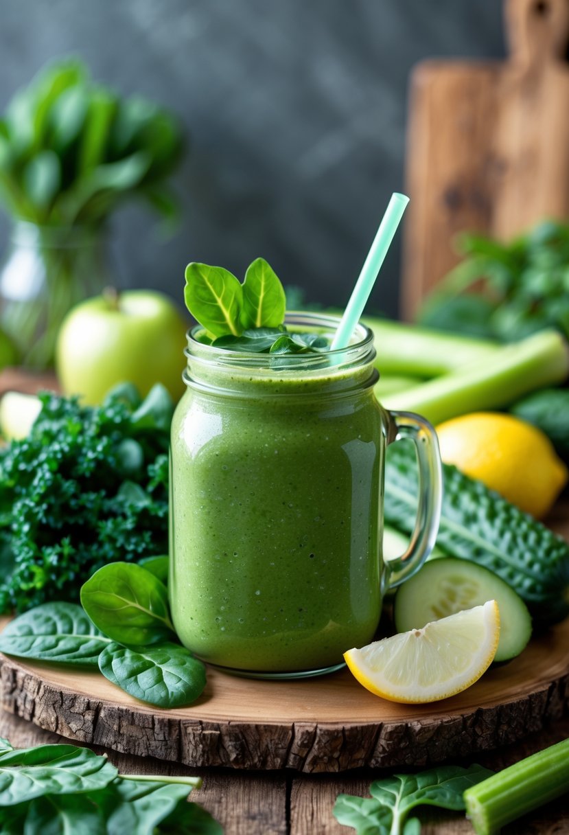 A green detox smoothie in a glass jar surrounded by fresh leafy greens, cucumber, green apples, celery, and lemon on a wooden table.