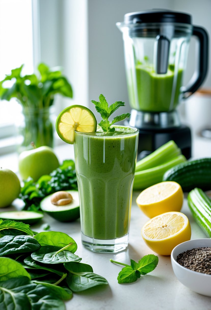 A glass of green detox smoothie surrounded by fresh green vegetables and fruits on a kitchen countertop.