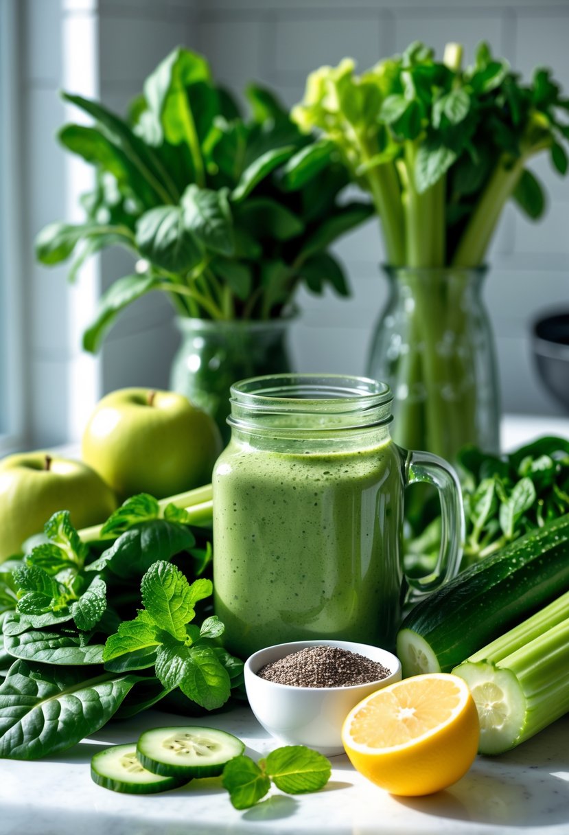 Fresh green vegetables, fruits, and ingredients arranged on a kitchen counter next to a blender filled with green smoothie.