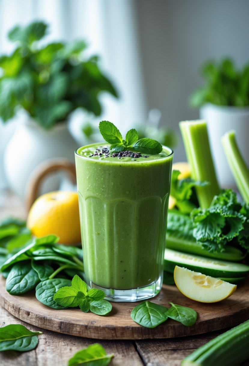 A green detox smoothie in a glass surrounded by fresh green vegetables and fruits on a wooden table.