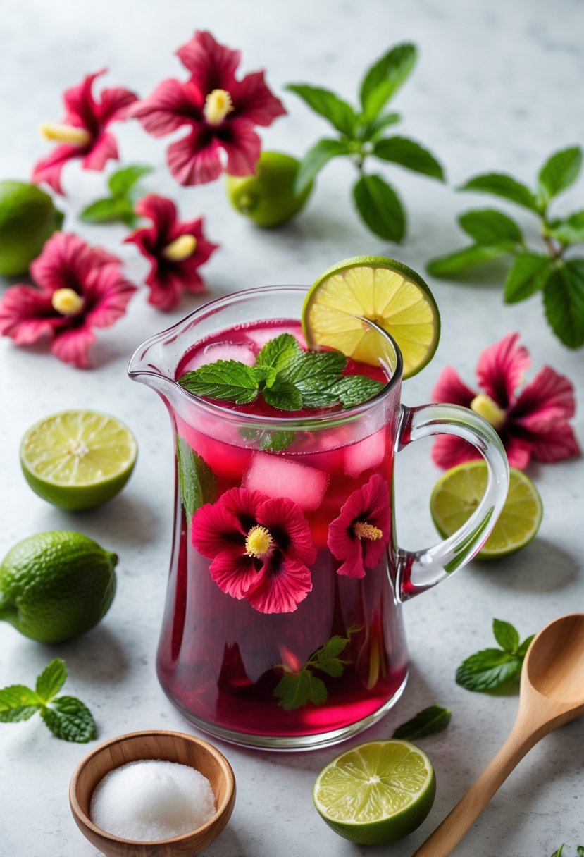 A glass pitcher of red hibiscus agua fresca with lime slices and mint, surrounded by hibiscus flowers, limes, and sugar on a kitchen countertop.