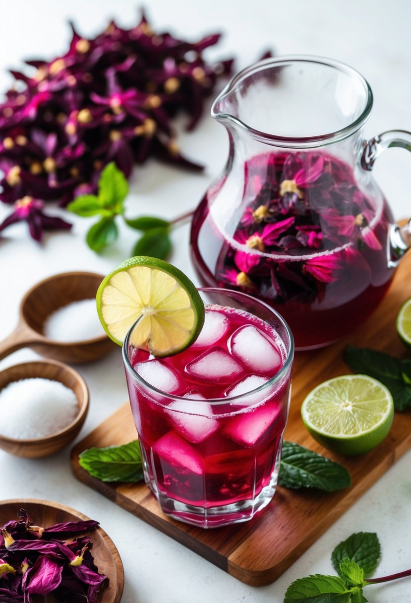 A glass pitcher and glass of red hibiscus drink with lime slices, dried hibiscus flowers, and fresh ingredients on a wooden board.