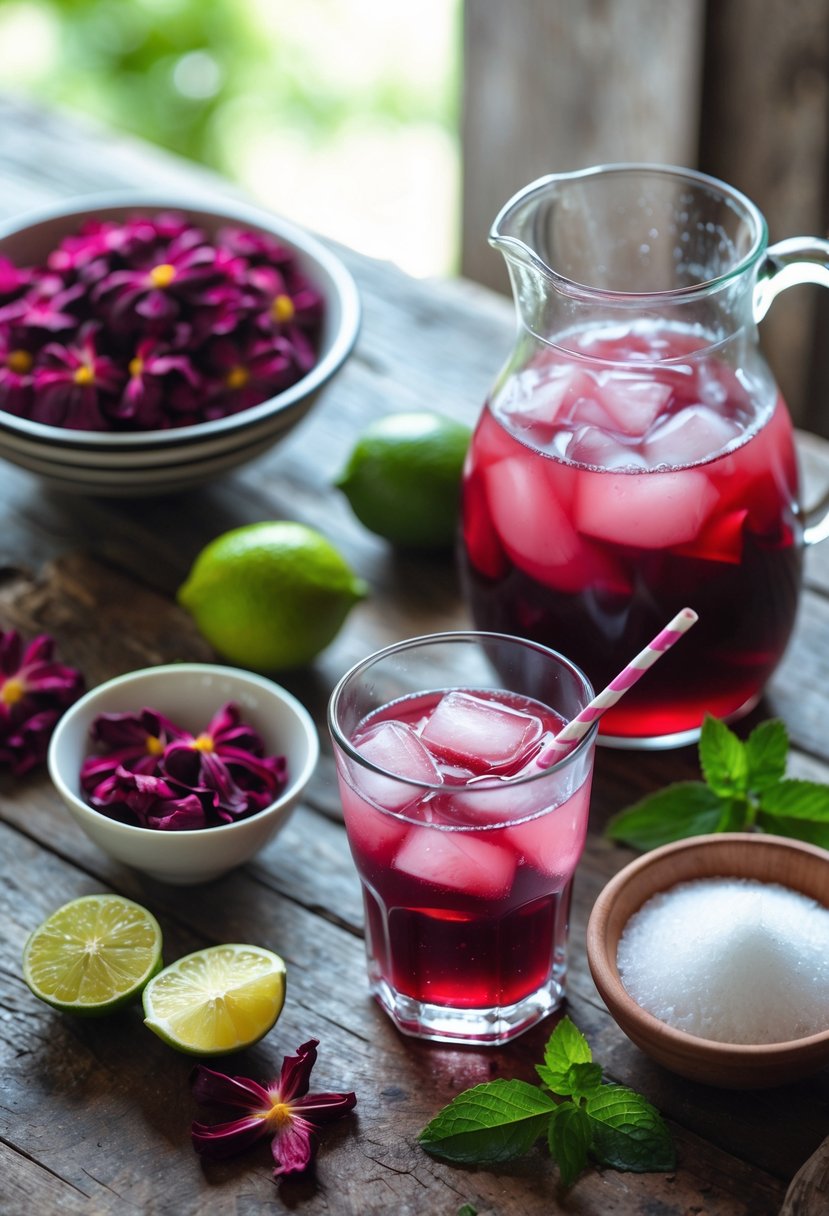 A table displaying dried hibiscus flowers, lime wedges, a pitcher of red hibiscus agua fresca, a glass with ice and a straw, sugar, and mint leaves.