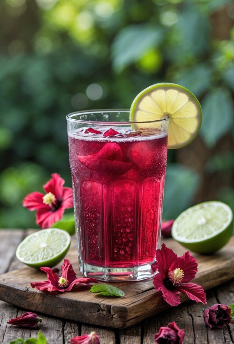 A glass of red hibiscus agua fresca with lime wedge and hibiscus flowers on a wooden table surrounded by hibiscus petals and lime slices.