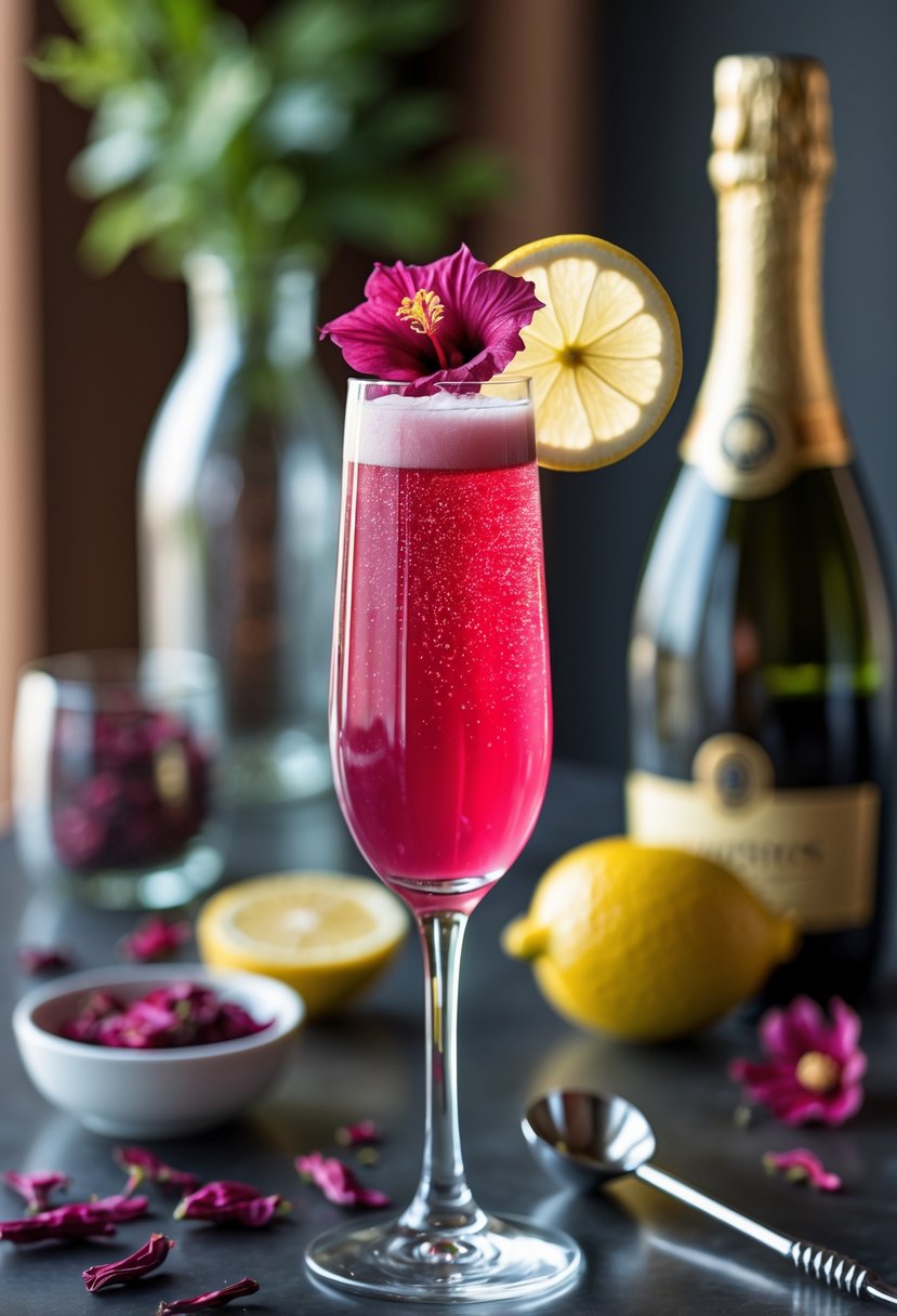A tall glass of vibrant pink hibiscus cocktail garnished with a hibiscus flower and lemon slice on a bar counter surrounded by hibiscus flowers, syrup, lemon slices, and a bottle of sparkling wine.