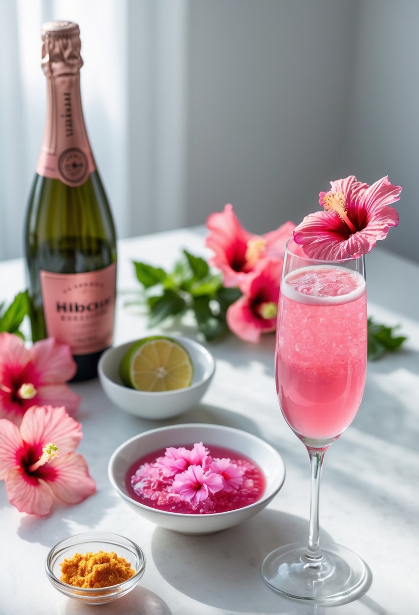 A table with fresh hibiscus flowers, a bottle of sparkling wine, a bowl of hibiscus syrup, lemon slices, and a glass of pink Hibiscus Bellini cocktail garnished with a hibiscus flower.