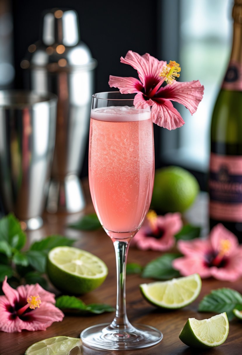 A champagne flute filled with a pink hibiscus cocktail garnished with a hibiscus flower and lime slice, surrounded by fresh hibiscus flowers and lime wedges on a wooden surface with bartending tools in the background.