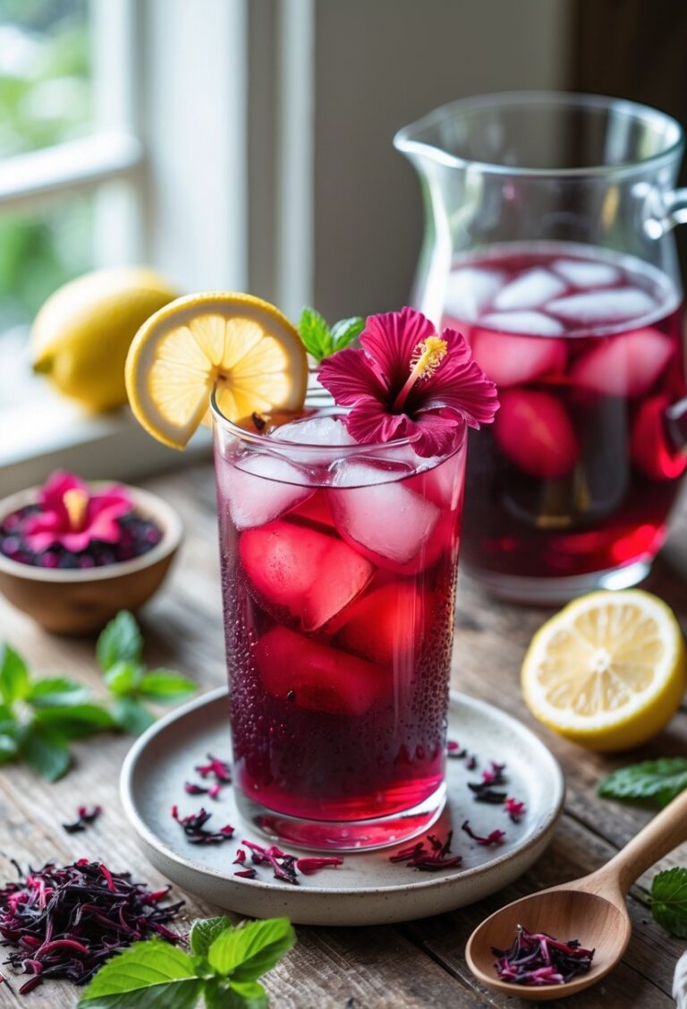 A glass of hibiscus iced tea with ice cubes and lemon slice on a wooden table surrounded by dried hibiscus petals, lemon wedges, mint leaves, and a pitcher of hibiscus tea.