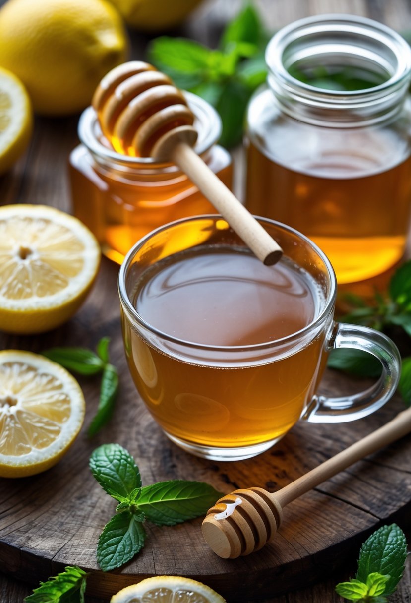 A cup of honey lemon tea with fresh lemon slices, a jar of honey with a honey dipper, and mint leaves arranged on a wooden surface.