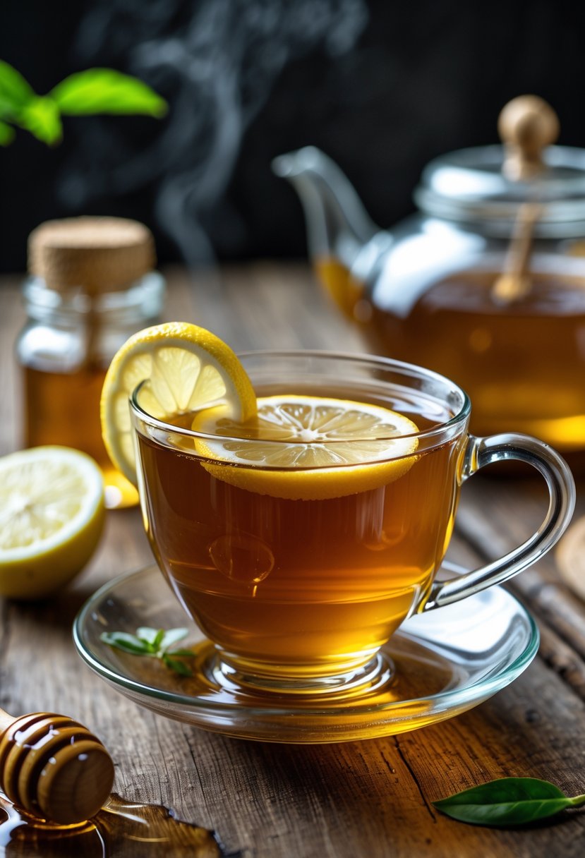A glass cup of honey lemon tea with a lemon slice, a jar of honey with a honey dipper, and fresh lemon on a wooden surface.
