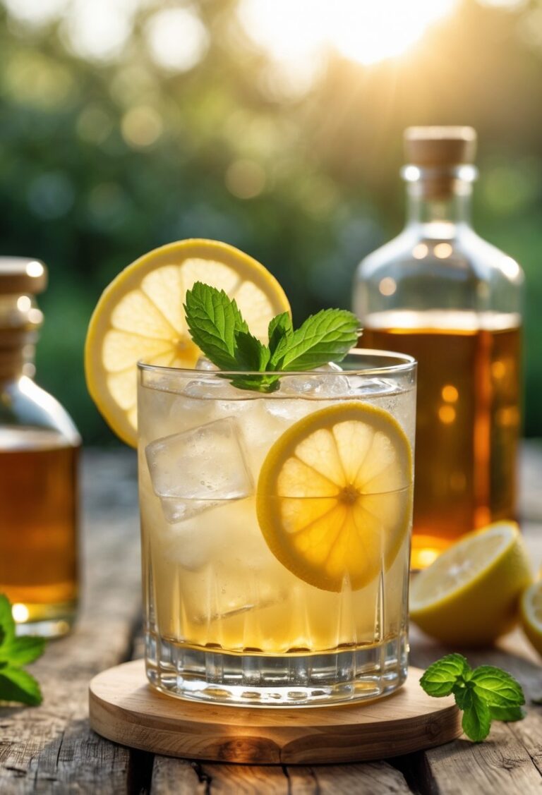 A glass of honey whiskey lemonade garnished with lemon and mint on a wooden table with honey jar and whiskey bottle in the background.