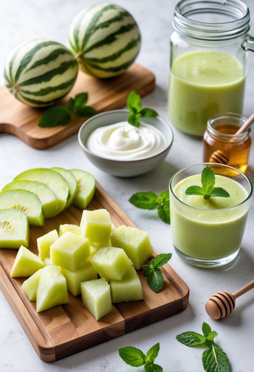 Fresh honeydew melon slices, a blender with chopped melon, Greek yogurt, honey, mint leaves, and a glass of honeydew melon smoothie on a kitchen counter.