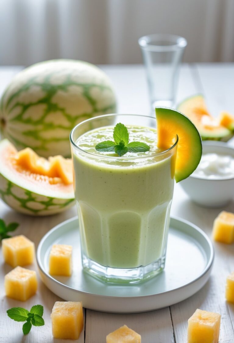 A glass of honeydew melon smoothie with fresh melon slices and a mint garnish on a wooden table.