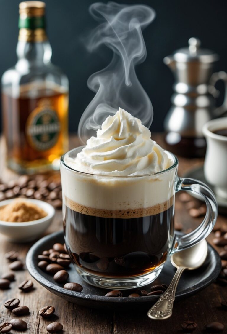 A glass of Irish Coffee with dark coffee topped by creamy whipped cream on a wooden table with coffee beans, brown sugar, and a spoon nearby.