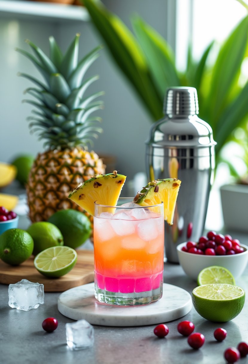 A kitchen counter with fresh pineapples, limes, cranberries, a cocktail shaker, and a colorful tropical drink garnished with pineapple and lime.