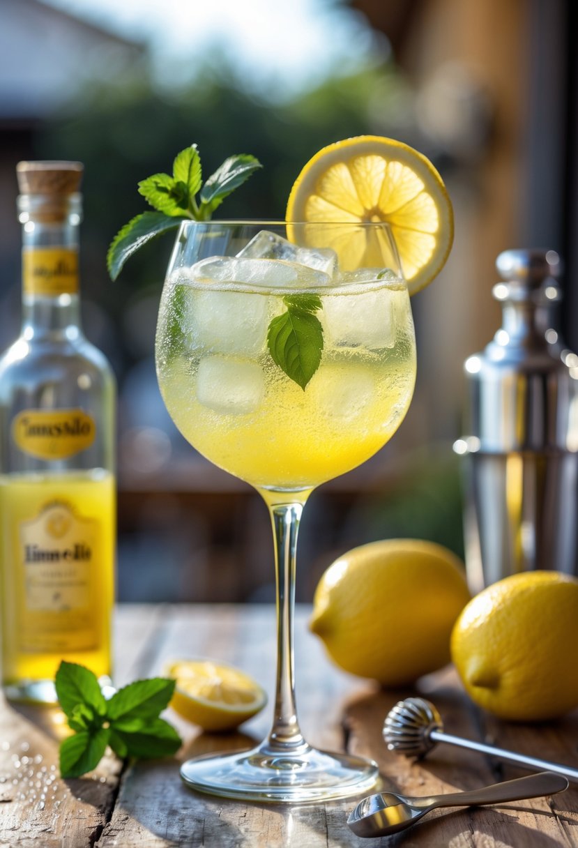 A glass of Italian Limoncello Spritz garnished with lemon and mint on a wooden table with fresh lemons and a bottle of limoncello nearby.