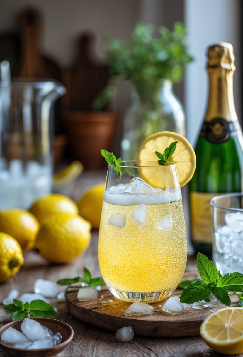 A glass of Italian Limoncello Spritz cocktail garnished with lemon and mint, surrounded by lemons, a bottle of limoncello, prosecco, ice, and fresh mint on a wooden table.