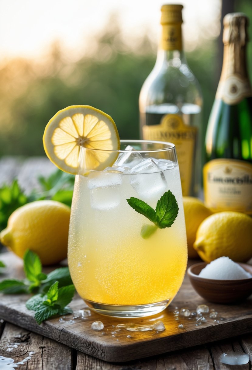 A glass of Italian Limoncello Spritz garnished with lemon and mint on a wooden table with fresh lemons and ingredients nearby.