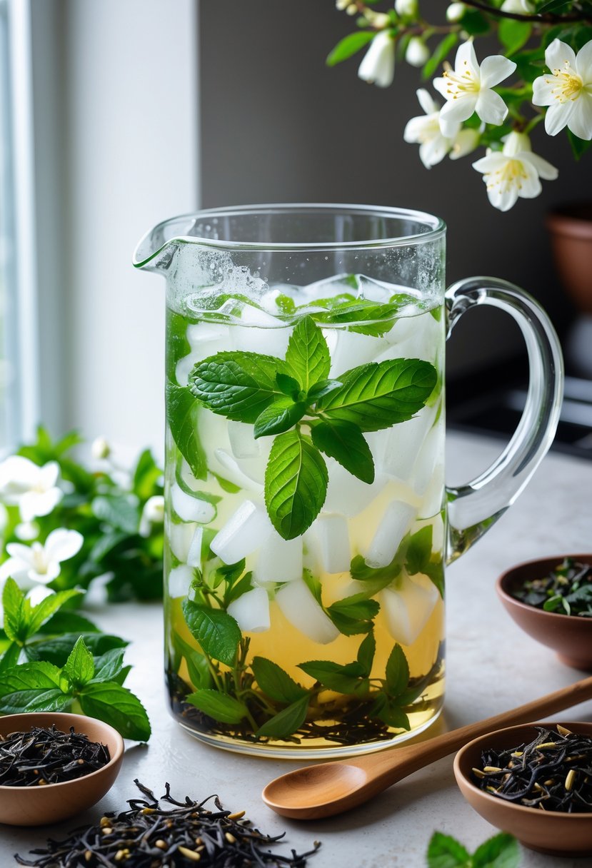 A glass pitcher of jasmine mint iced tea with fresh mint leaves and jasmine flowers on a kitchen countertop.