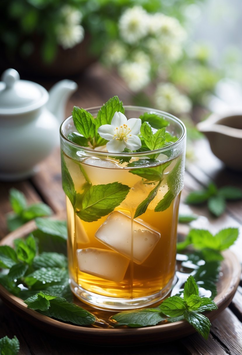 A glass of jasmine mint iced tea with ice cubes, fresh mint leaves, and jasmine flowers on a wooden table with loose tea leaves and mint sprigs nearby.