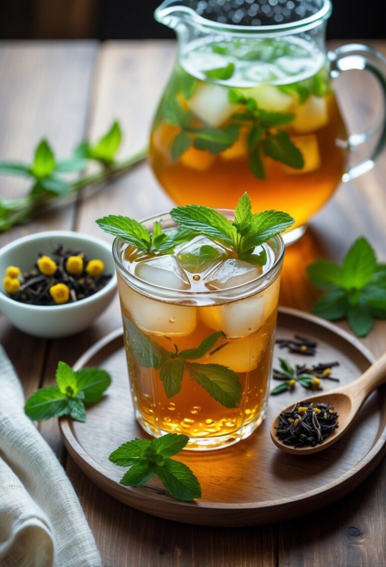 A glass of jasmine mint iced tea with ice and fresh mint leaves on a wooden table, surrounded by jasmine flowers, mint sprigs, and a glass pitcher of iced tea.