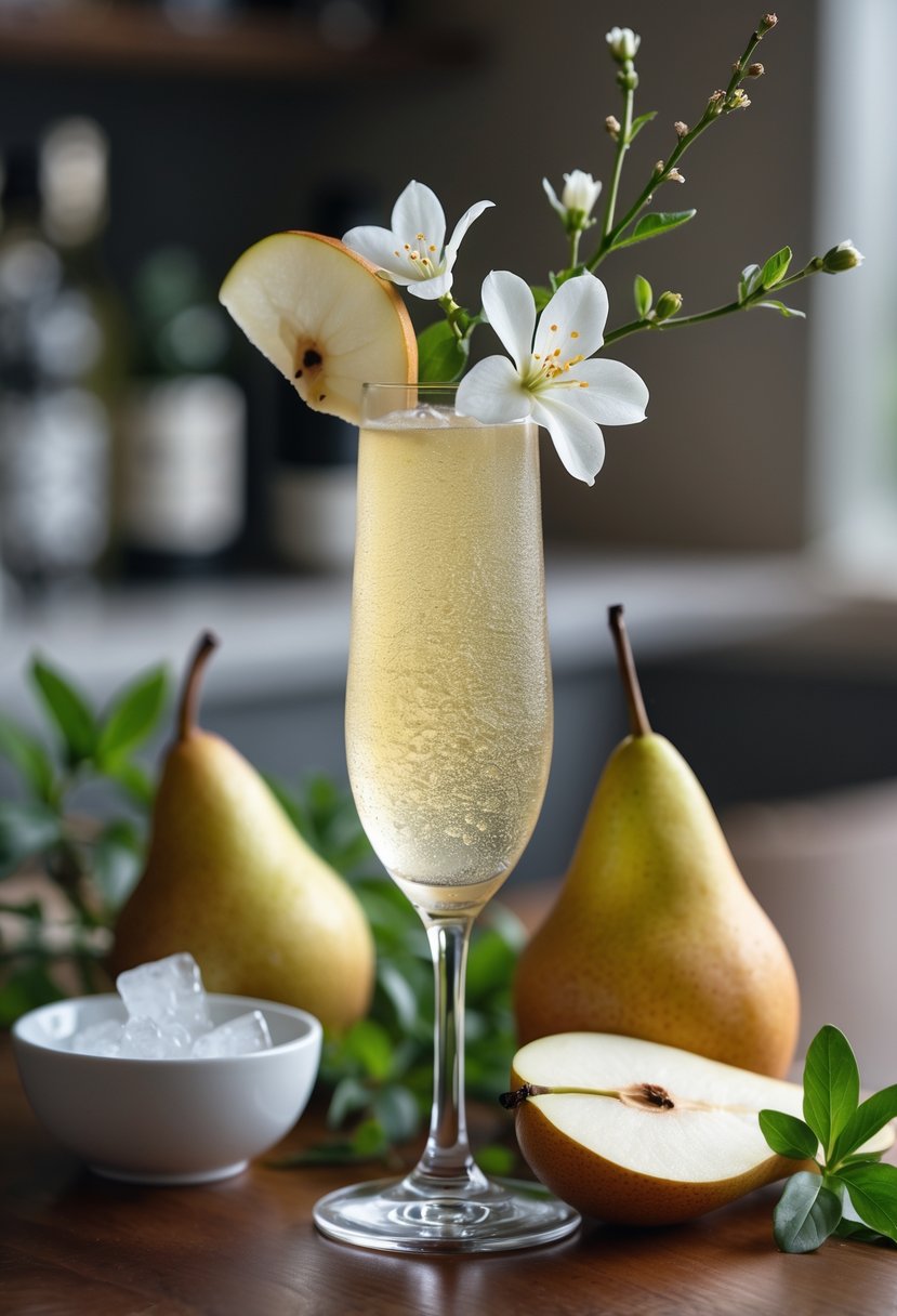 A glass of Jasmine Pear Sparkler cocktail garnished with jasmine flower and pear slice on a wooden surface with fresh jasmine flowers and pears nearby.