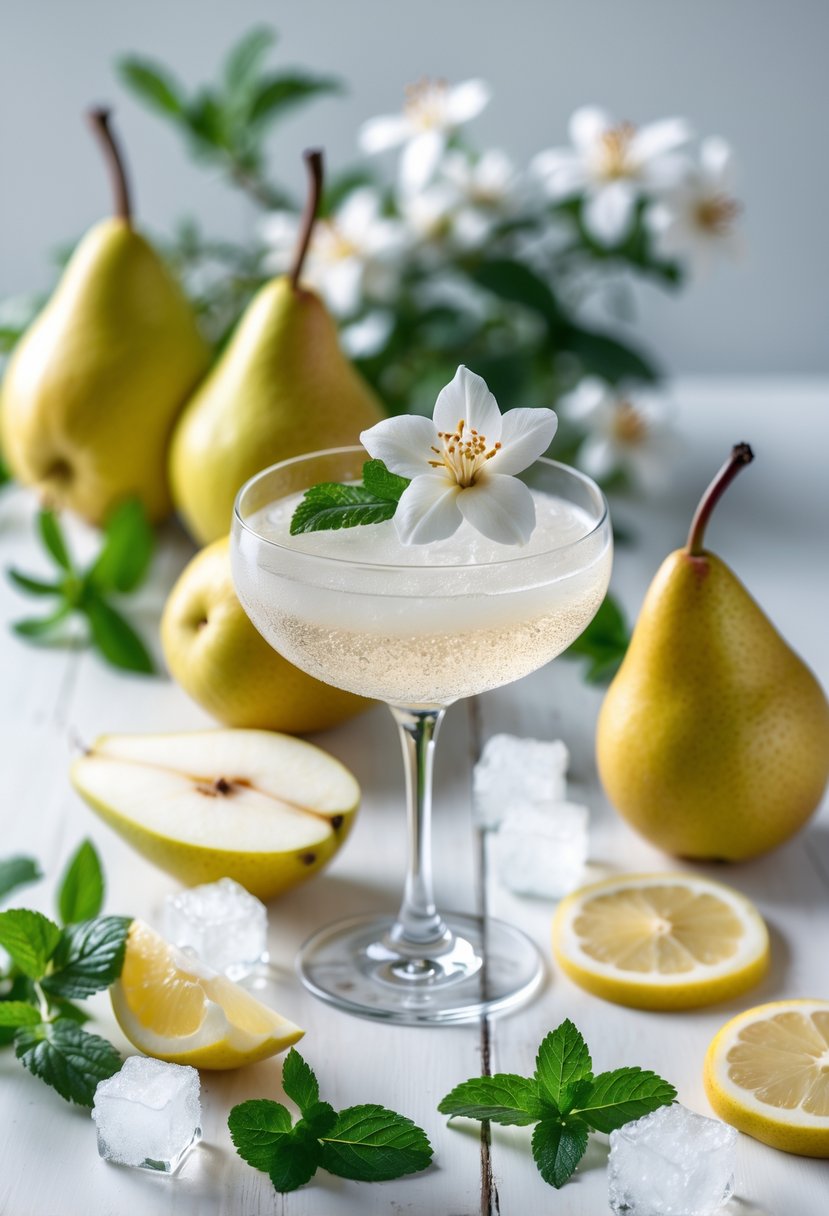 A sparkling cocktail in a glass garnished with a pear slice and jasmine flower surrounded by fresh pears, jasmine flowers, lemon slices, ice cubes, and mint leaves on a wooden surface.